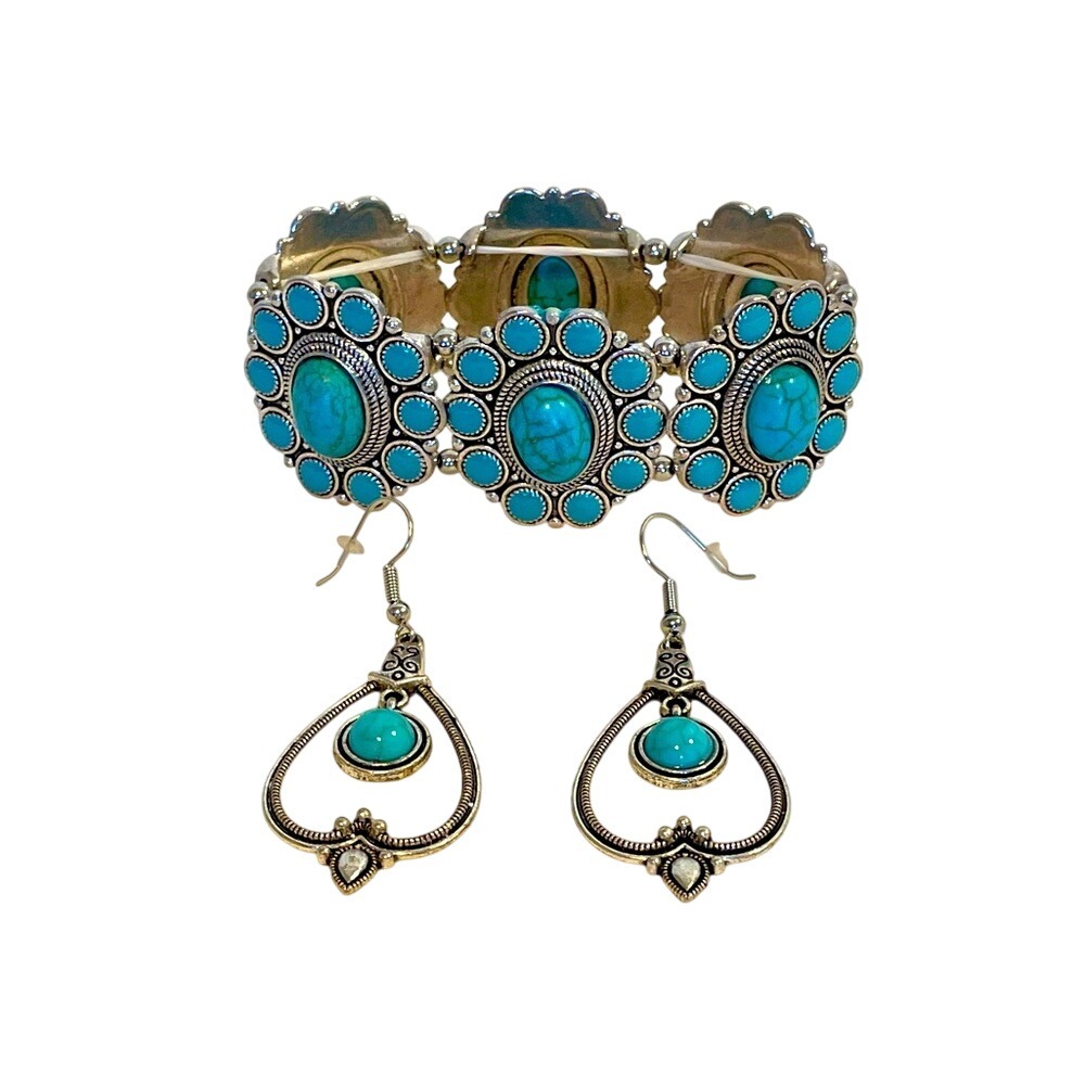 Turquoise Jewelry Set‎ Blue Silver Boho Stretch Bracelet Earrings Western Tribal